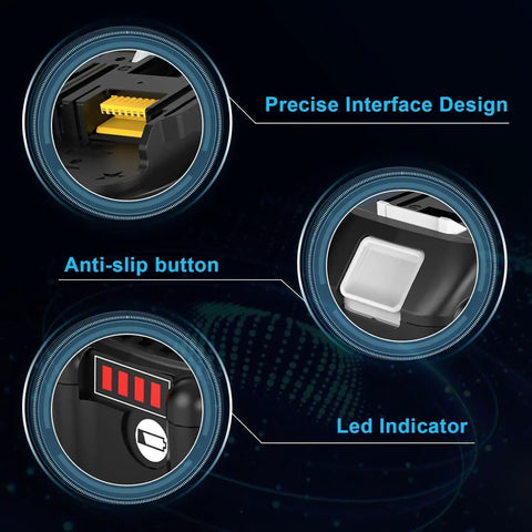 Close-up of Beefed Up 4 Pack 18V Lithium Battery Replacement Set features: precise interface, anti-slip button, LED indicator.