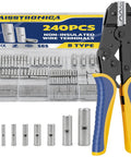 Beefy Crimping Tool Kit With 240Pcs Non Insulated Wire Connectors AWG 26-6 Butt Splice Terminals Assortment And Heavy Duty Wire Crimper Tool For Electrical DIY Projects, showing crimper and connectors set.