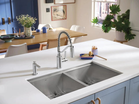 Modern Deck Mounted Kitchen Soap Dispenser S3947C with Above The Sink Refillable Bottle in Dope Chrome Finish beside faucet