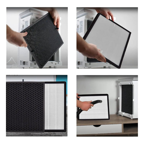 2 Pack Replacement Air Purifier Filters For LV-PUR131 And LV-PUR131S, showing HEPA and carbon pre-filters installation.