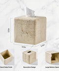 Heavy Resin Tissue Box Cover With Travertine Texture For Home Decor, Durable Tissue Box Holder For Bathroom Countertop, Tabletop Or Nightstand, Handmade Resin Accent For Your Pad Or Office, showing dimensions and design details