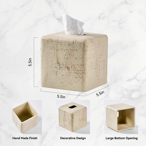 Heavy Resin Tissue Box Cover With Travertine Texture For Home Decor, Durable Tissue Box Holder For Bathroom Countertop, Tabletop Or Nightstand, Handmade Resin Accent For Your Pad Or Office, showing dimensions and design details