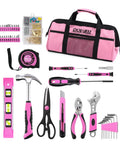 Pink Tool Kit For Women 140 Piece Home DIY Essentials In A 14 Inch Storage Bag with hammer, screwdriver, and accessories.