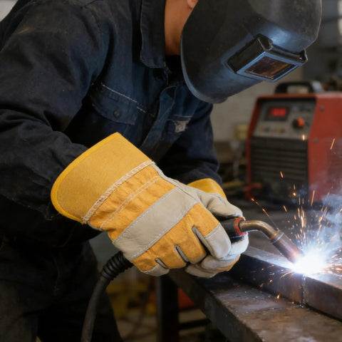Tough As Nails Cowhide Split Finger Welding Gloves For Men, Heat Resistant Yellow Work Gloves With Serious Burn Protection, Rock Solid Industrial And Auto Repair Safety Gear, Two Pack in use during welding process.