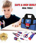 Boy using 9 Piece Kid Friendly Real Hand Tool Set For Boys And Girls Blue Junior Tool Kit With Storage Bag Safe Beginner DIY Woodworking