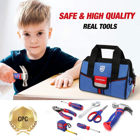 Boy using 9 Piece Kid Friendly Real Hand Tool Set For Boys And Girls Blue Junior Tool Kit With Storage Bag Safe Beginner DIY Woodworking