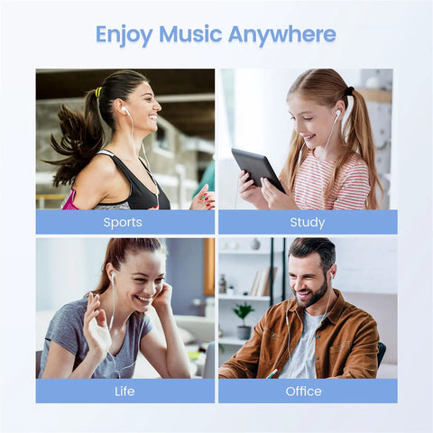 Collage of sports, study, life, and office settings with Two Pack USB C Earbuds With Mic And Remote For iPhone 15 16 17 in use