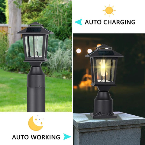 Metal Solar Post Lights 2 Pack Solar Post Cap Lights for fence deck garden with warm white LED on pole and stone base