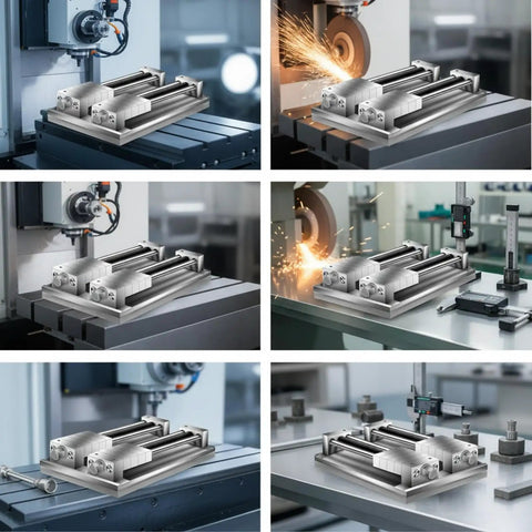 Predolo Copper Fixture Vise Hardened Multi-Station Heavy-Duty For Milling Machines Grinding 3 Rows 12 Stations Flat Thickened Base Plate 300X330X16mm on machine table in workshop.