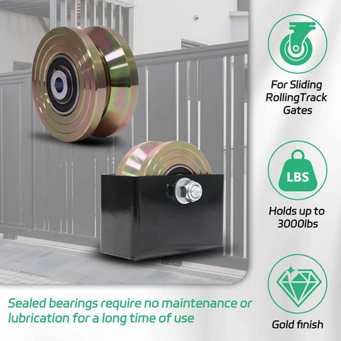 Extra Heavy Duty 4 Inch V Groove Slide Wheels For Sliding Gates, Rock Solid Double Bearing Gate Roller Wheels With 3000 Lbs Capacity, Rugged Gold Finish