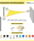 Diagram of installing a 6 Ft By 6 Ft By 6 Ft Triangle Sun Shade Sail For Outdoor Patio Canopy with mounting points and color options.
