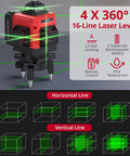 16 Line Green Laser Level With 4x360 Degree Coverage Self Leveling Remote Control Class 2 Less Than 1mW Power Output 98 Feet Range Ideal For Construction Indoor Renovation DIY Projects, red unit with green beams
