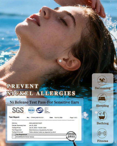 Close-up of a person swimming with Top Shelf Implant Grade Titanium Opal Stud Earrings Screw Back 5Mm in their earlobes.
