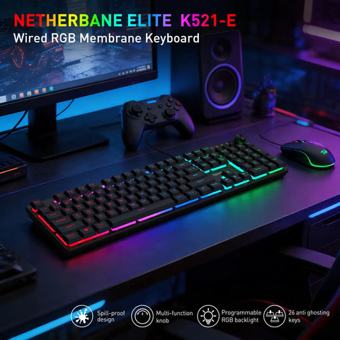 Dope Full Size Gaming Keyboard With Quick Turn Volume Knob, 104 Keys Wired PC Peripheral Featuring Fresh RGB Lighting And Crisp Feedback For Weekend Warriors on a gaming desk with glowing RGB lights.
