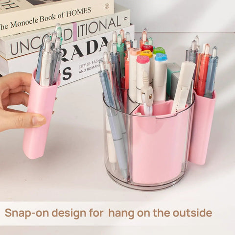 360 Degree Rotating Pen Holder Desk Organizer With Expandable Compartments From Five To Nine Slots Pink Pencil Cup For Women Office Classroom Home Art Caddy with pens