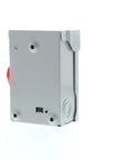 Side view of Super Compact 30 Amp 3 Pole 240 Volt Non Fusible General Duty Safety Switch, steel casing visible.