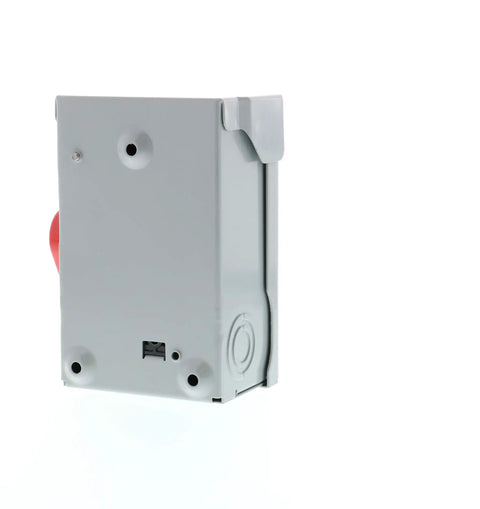 Side view of Super Compact 30 Amp 3 Pole 240 Volt Non Fusible General Duty Safety Switch, steel casing visible.
