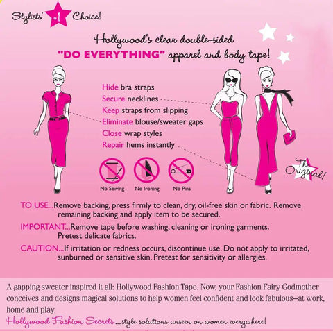 Double Sided Fashion Tape And Body Tape 36 Strips For Women Latex Free Dress, infographic on uses and instructions for body tape.