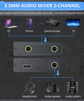 Diagram of Active 2 Channel 3.5mm Audio Mixer for PC Console Phone and MP3 Players, Clear Sound No Echo, with dual device output.