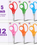 12 Pack 5 Inch Kids Safety Scissors With Blunt Tip, multicolor handles, stainless steel blades, for school and home use.