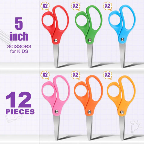 12 Pack 5 Inch Kids Safety Scissors With Blunt Tip, multicolor handles, stainless steel blades, for school and home use.
