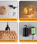 2 Pack Battery Operated Handwoven Natural Rattan Chandeliers Egg Shaped Boho Pendant Lights components layout with socket and bulb