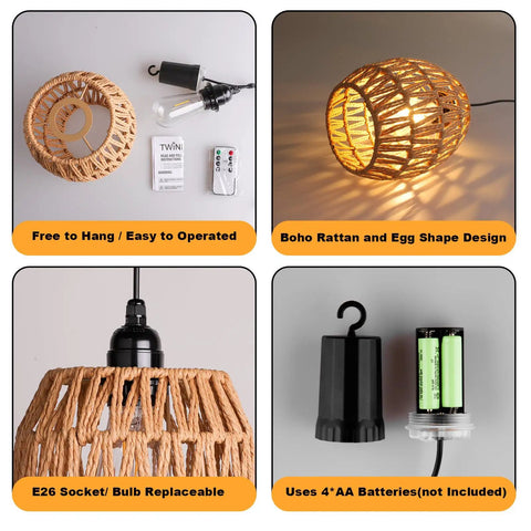 2 Pack Battery Operated Handwoven Natural Rattan Chandeliers Egg Shaped Boho Pendant Lights components layout with socket and bulb