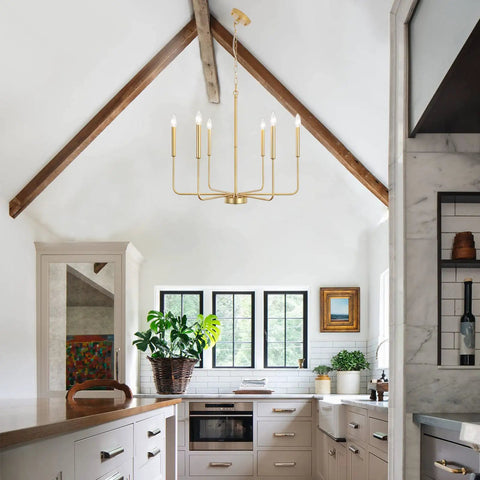 Gold Spray 6 Light Modern Farmhouse Candle Chandelier For Dining Room And Living Space Dope Rustic Pendant Lighting Fixture Industrial Ceiling Light For Kitchen Island Foyer Or Entryway 26.2 Inch hanging in kitchen