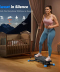 Durable Balance Board With Pro Strength Resistance Bands Home Cardio Stepper used by woman in blue leggings for quiet workouts.