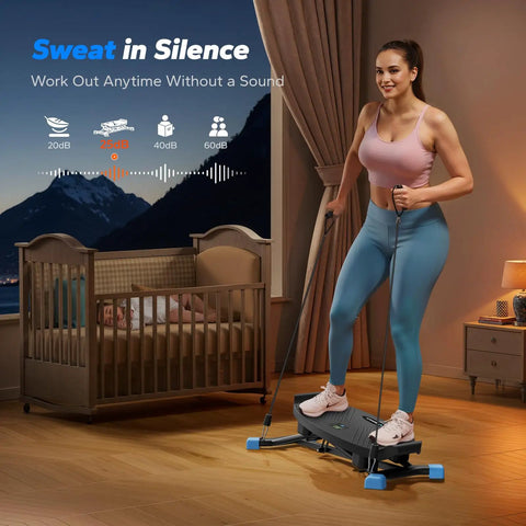 Durable Balance Board With Pro Strength Resistance Bands Home Cardio Stepper used by woman in blue leggings for quiet workouts.