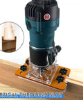 Top Tier Aluminum Wood Trimmer Router Base With Adjustable Slotting Bracket mounted on wood, showing vertical through slot for precision cutting.