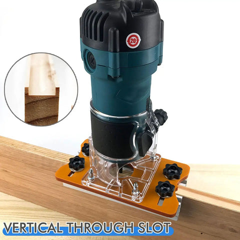 Top Tier Aluminum Wood Trimmer Router Base With Adjustable Slotting Bracket mounted on wood, showing vertical through slot for precision cutting.