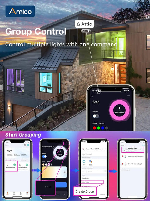Smartphone controlling Five To Six Inch Smart LED Recessed Can Lights Twelve Pack RGBCW Color Changing WiFi Downlights