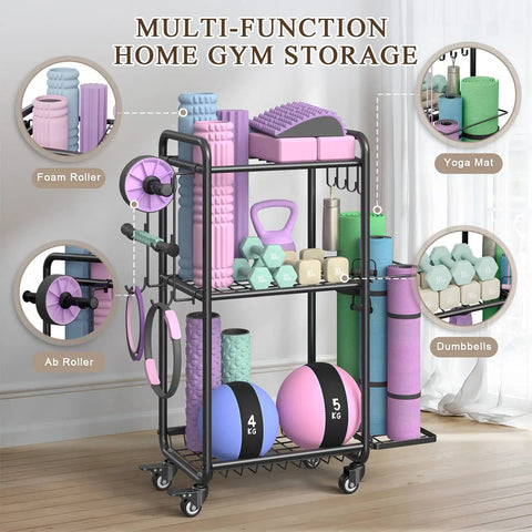 Multipurpose Home Gym Storage Rack With Mobile Casters And Hanging Hooks Keeps Your Fitness Collection Lowkey Organized So You Can Hit The Gym Without The Stress Slick Black Build Holds Dumbbells Resistance Bands And Yoga Mats