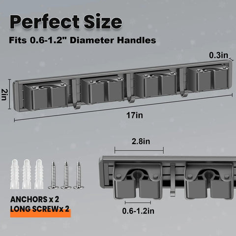 Broom Holder Wall Mount With Four Racks And Three Hooks Adjustable Mop And Broom Organizer dimensions and parts details