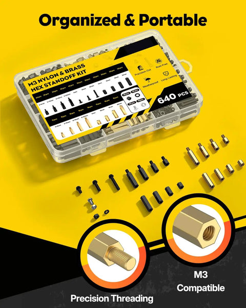 640 Piece M3 Brass And Nylon Standoff Kit With Male And Female Hex Standoffs Spacers Nuts And Screws For PCB And Circuit Board Builds Wide Range Of Sizes For Precise Easy Assembly Pro Grade. Organized case with M3 brass and nylon standoffs