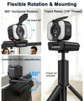 Pro Grade 2K Webcam For PCs Featuring Warm LED Ring and Punchy Dual Mic plus Handy Privacy Slider for flexible mounting.