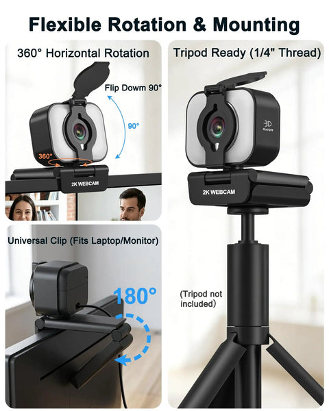 Pro Grade 2K Webcam For PCs Featuring Warm LED Ring and Punchy Dual Mic plus Handy Privacy Slider for flexible mounting.