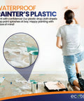 Person painting wall with 6 Pack 12x9 Ft Extra Large Plastic Drop Cloth For Painting, Light Yet Durable Tarp Cover protecting floor.