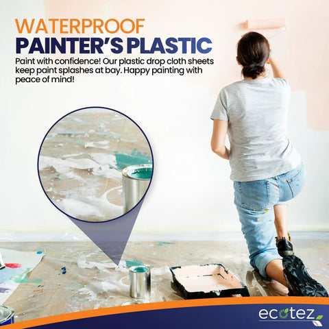 Person painting wall with 6 Pack 12x9 Ft Extra Large Plastic Drop Cloth For Painting, Light Yet Durable Tarp Cover protecting floor.