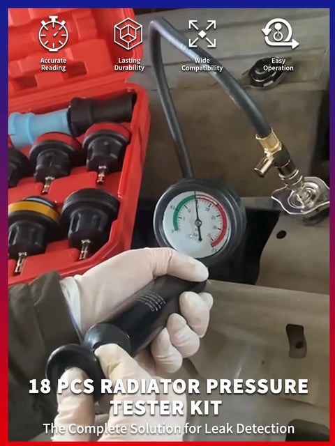 Pro Grade 18 Piece Radiator Coolant Pressure Tester Kit For Domestic And Import Vehicle Cooling Systems Leak Detection Heavy Steel components in use, gauge visible.