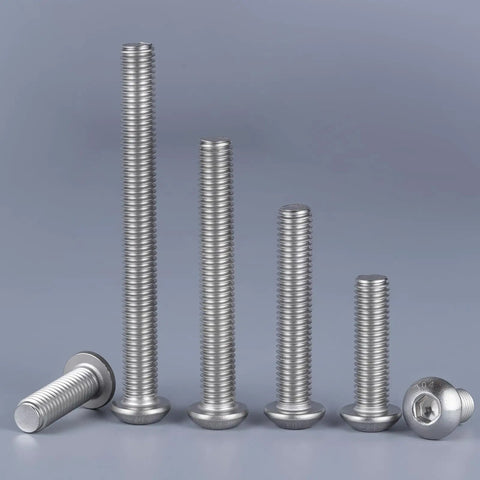 Built Like A Tank M6 X 12Mm Button Head Socket Cap Screws 100 Pack 304 Stainless Steel with varying lengths on display.