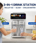 3 In 1 Countertop Ice Maker Featuring An Automatic Ice Crusher And Water Dispenser To Make Bullet Ice Shaved Treats Or Slush Fast in use, dispensing ice and slush drinks.