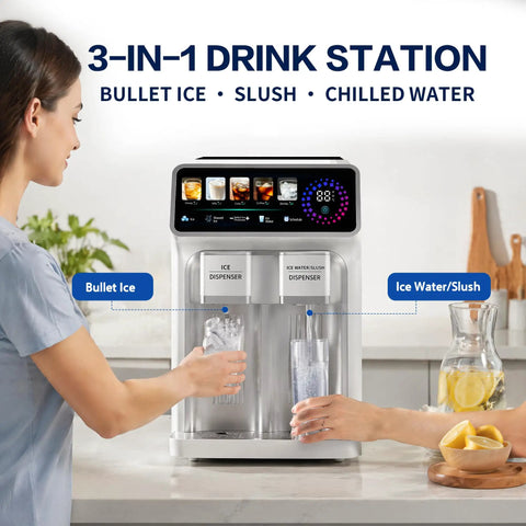 3 In 1 Countertop Ice Maker Featuring An Automatic Ice Crusher And Water Dispenser To Make Bullet Ice Shaved Treats Or Slush Fast in use, dispensing ice and slush drinks.