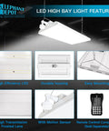 4Ft Led Linear High Bay Shop Light Offering 300W Output And Slick Dimmable Controls features high efficiency LED and motion sensor.