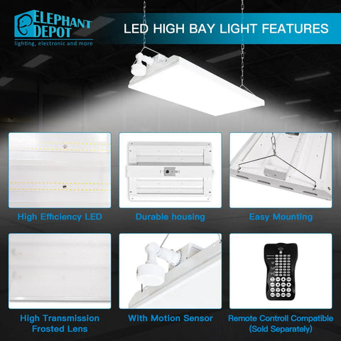 4Ft Led Linear High Bay Shop Light Offering 300W Output And Slick Dimmable Controls features high efficiency LED and motion sensor.