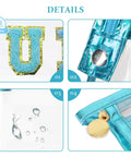 Clear Sunscreen Bag For Women Beach Vacation Essentials Waterproof Makeup Pouch details showing blue SUN patch, stitching, water droplets, and zipper