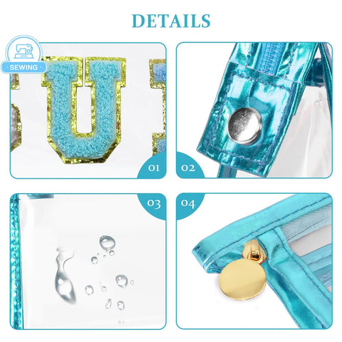 Clear Sunscreen Bag For Women Beach Vacation Essentials Waterproof Makeup Pouch details showing blue SUN patch, stitching, water droplets, and zipper