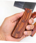Top Shelf Stainless Steel Knife Handle Screws For Quick Blade Fabrication Featuring Straight Slot Notch Built Tough For Solid Fit On Chef Utility And Parer Knives Real Deal Supply, held in hand with wooden handle.
