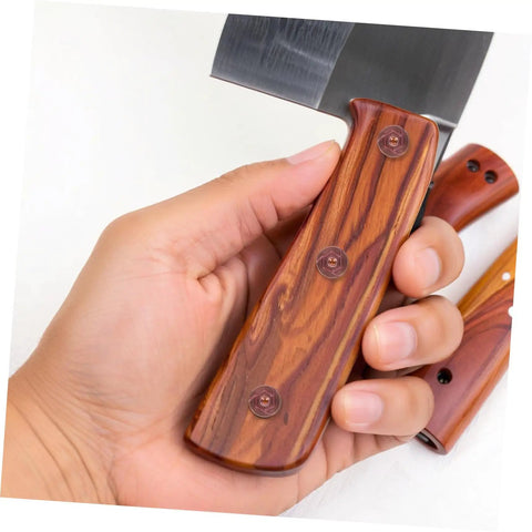 Top Shelf Stainless Steel Knife Handle Screws For Quick Blade Fabrication Featuring Straight Slot Notch Built Tough For Solid Fit On Chef Utility And Parer Knives Real Deal Supply, held in hand with wooden handle.